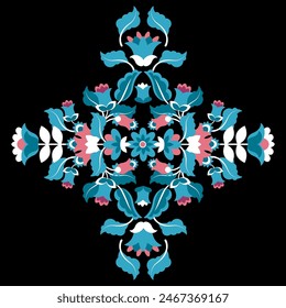 Symmetrical bright Mexican embroidery of ethnic flowers on a black background