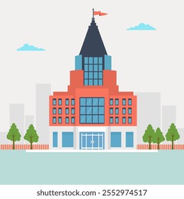 Symmetrical Building with Red and Blue Design and Flag Illustration