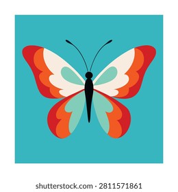 Symmetrical butterfly with red, orange, and teal wings on a light blue background