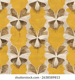 Symmetrical butterfly silhouettes in shades of mustard yellow and white, grunge lines ikat pattern, striped seamless pattern, Vector illustration background for print the paper. 