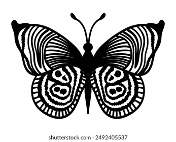 Symmetrical butterfly tattoo in linear style on white background
