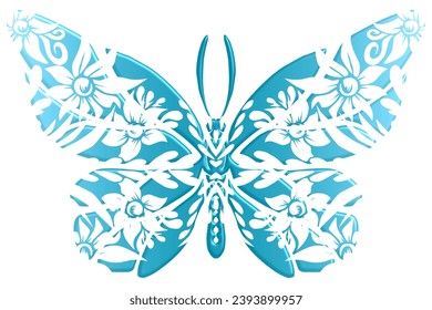 The symmetrical butterfly vector design with dynamic gradient batik dayak flower line art in a luxurious pattern colour 