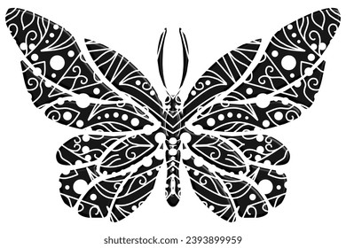 The symmetrical butterfly vector design with dynamic gradient batik dayak flower line art in a luxurious pattern colour 