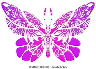 The symmetrical butterfly vector design with dynamic gradient batik dayak flower line art in a luxurious pattern colour 
