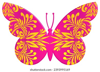 Das symmetrische Schmetterlingsvektordesign mit dynamischer Farbverlauf-Batik-Dayak-Blumenlinie in einer luxuriösen Musterfarbe 