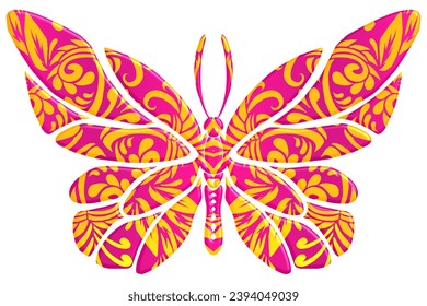 The symmetrical butterfly vector design with dynamic gradient batik dayak flower line art in a luxurious pattern colour 