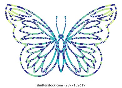 The symmetrical butterfly vector design with dynamic gradient batik dayak flower line art in a luxurious pattern colour	