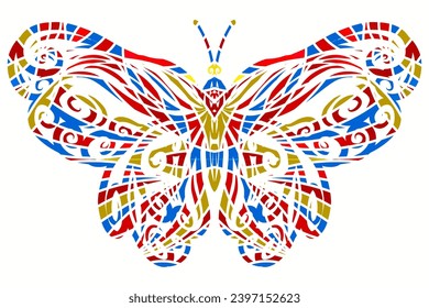 The symmetrical butterfly vector design with dynamic gradient batik dayak flower line art in a luxurious pattern colour	