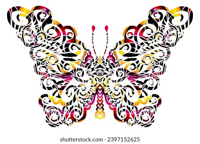 The symmetrical butterfly vector design with dynamic gradient batik dayak flower line art in a luxurious pattern colour	