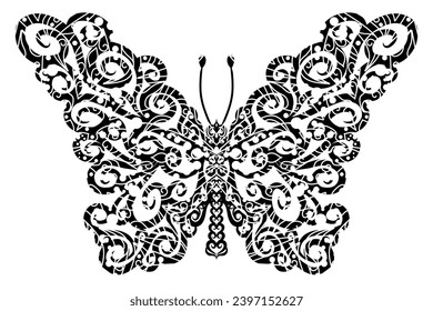 The symmetrical butterfly vector design with dynamic gradient batik dayak flower line art in a luxurious pattern colour	