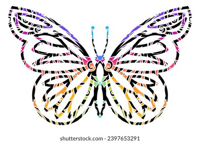 The symmetrical butterfly vector design with dynamic gradient batik dayak flower line art in a luxurious pattern colour	