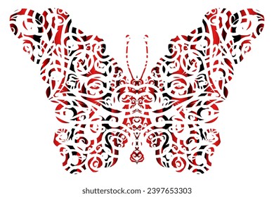 The symmetrical butterfly vector design with dynamic gradient batik dayak flower line art in a luxurious pattern colour	