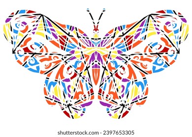 The symmetrical butterfly vector design with dynamic gradient batik dayak flower line art in a luxurious pattern colour	