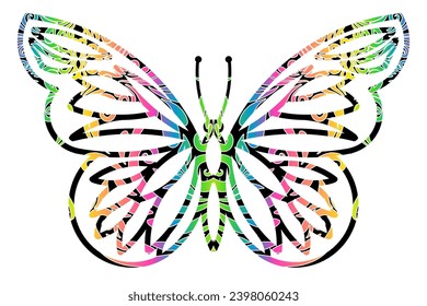 The symmetrical butterfly vector design with dynamic gradient batik dayak flower line art in a luxurious pattern colour	