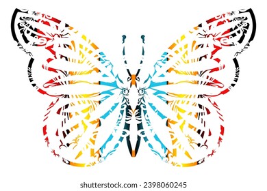 The symmetrical butterfly vector design with dynamic gradient batik dayak flower line art in a luxurious pattern colour	