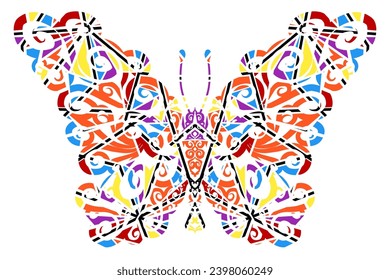 The symmetrical butterfly vector design with dynamic gradient batik dayak flower line art in a luxurious pattern colour	