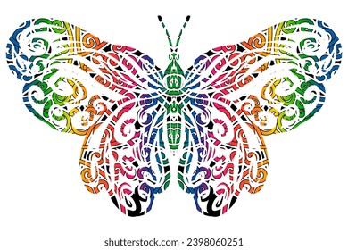 The symmetrical butterfly vector design with dynamic gradient batik dayak flower line art in a luxurious pattern colour	
