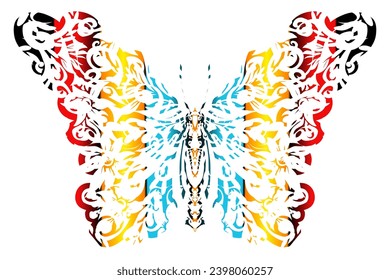 El diseño de vectores simétricos de mariposa con el arte de la línea floral de batik de gradiente dinámico en un lujoso color de patrón	