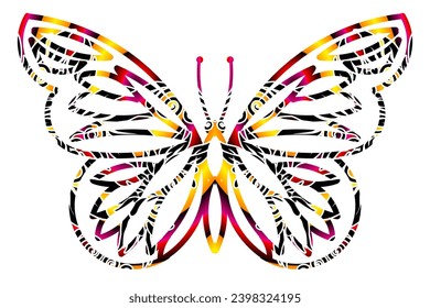 The symmetrical butterfly vector design with dynamic gradient batik dayak flower line art in a luxurious pattern colour	