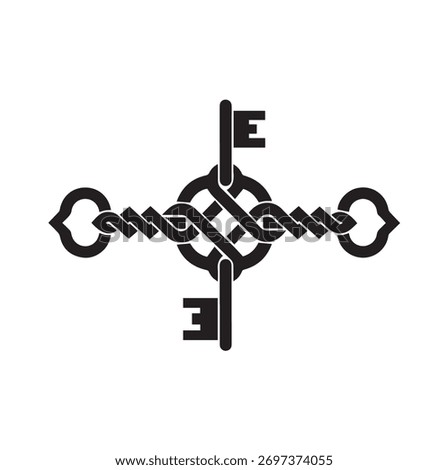 Symmetrical celtic knot and four antique keys vector silhouette illustration for solution concept