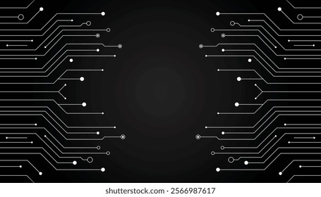 Symmetrical Circuit Lines and Dots on Black Background
