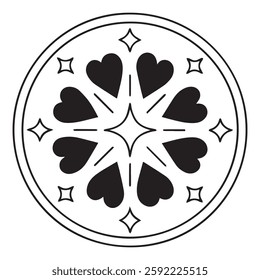 A symmetrical circular artwork featuring hearts and stars in a whimsical hand-drawn style. 
