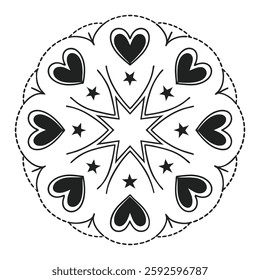 A symmetrical circular artwork featuring hearts and stars in a whimsical hand-drawn style