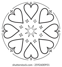 A symmetrical circular artwork featuring hearts and stars in a whimsical hand-drawn style
