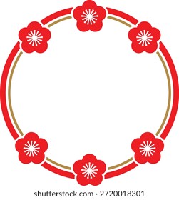 Quadro decorativo circular simétrico com alternância de segmentos curvados em vermelho e ouro com seis elementos florais vermelhos e centros de estrela branca. Projeto de anel ornamental vetor plano limpo com composição equilibrada em um fundo branco. Ideal para convites festivos, marca sazonal, gráficos de celebração, decorações culturais, designs de férias, elementos de UI e layouts ornamentais.