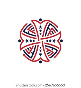 A symmetrical, circular design with red and blue arrows, stars, and stripes, resembling a stylized American patriotic emblem