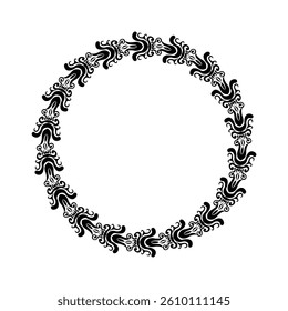 A symmetrical circular frame featuring a decorative black design on a white background, perfect for elegant invitation templates, artistic embellishments, or creative ornamental projects.