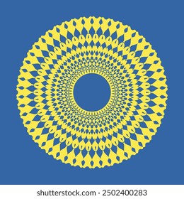 Symmetrical and circular geometric abstract shape, yellow on a blue background