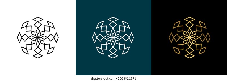 Symmetrical circular graphic for logotype, snowflake. Vector circular pattern. Color black, white, gold. Isolated design element for themes abstract geometrical modern decoration round logo template.