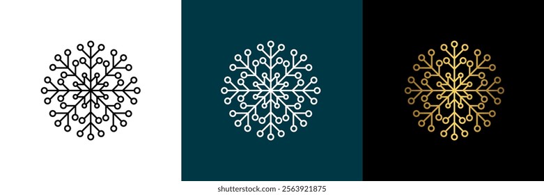 Symmetrical circular graphic for logotype, snowflake. Vector circular pattern. Color black, white, gold. Isolated design element for themes abstract geometrical modern decoration round logo template.