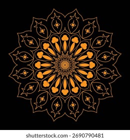 A symmetrical, circular mandala pattern with detailed golden and orange floral elements against a dark backdrop.