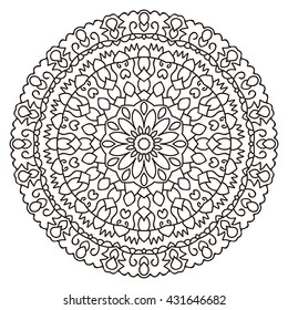 Symmetrical circular pattern mandala. Oriental ornament. Coloring page for adults.