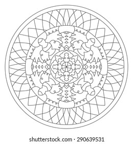 Symmetrical circular pattern mandala, outline on a white background