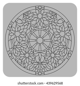 Symmetrical circular stained glass window with flowers of chamomile for your interior decor, achromatic