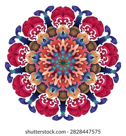 Symmetrical circular vector mandala illustration featuring a central turquoise and red-orange coral starburst, surrounded by blue teardrop details, and finished with a perimeter of ornate red jellyfish-like structures and blue column pillars, isolated on a white background