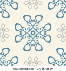Simétrico Classy Harmony Mandala Silver Gray e Blue Hand Drawn Ornament on Light Bege Background. Fabuloso abstrato florais sem costura padrão ilustração para decoração de luxo, azulejos, desgaste masculino