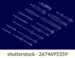 A symmetrical collection of missile wireframes in various shapes and sizes, displayed on a deep blue background. The clean white outlines contrast sharply against the blue.