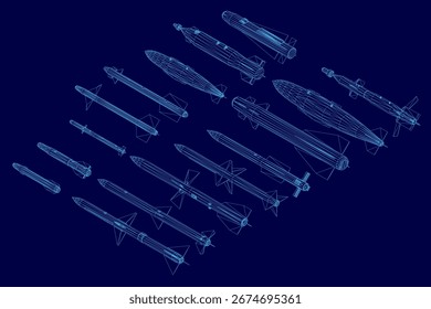 Una colección simétrica de los wireframes de los misiles en varias Formas y tamaños, mostrados en un fondo azul profundo. Los contornos blancos y limpios contrastan fuertemente con el azul.