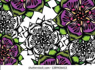 Symmetrical and colorful leaf and flower background landing page and invitation card names