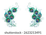 Symmetrical composition of artistically drawn green and turquoise, beautiful, fluffy peacock feathers on white background. Green peacock feather.