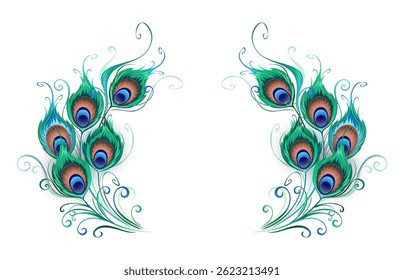 Symmetrical composition of artistically drawn green and turquoise, beautiful, fluffy peacock feathers on white background. Green peacock feather.
