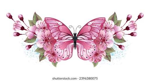 Symmetrical composition of artistically painted pink butterfly and pink japanese cherry blossoms on white background. Pink sakura. Hand drawn vector art.