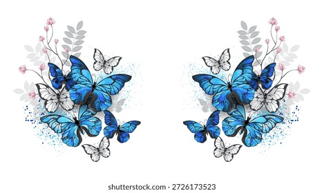 Symmetrical composition of blue and white morpho butterflies with iridescent, textured wings, perched on decorative twigs. Butterfly design.