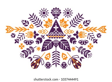 Symmetrical composition of ethnic elements. The spring set for design. Flowers, birds and leaves