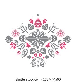 Symmetrical composition of ethnic elements. The spring set for design. Flowers, birds and leaves
