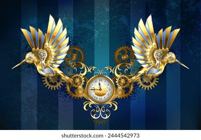 Composición simétrica de oro, brillantes, colibríes mecánicos, engranajes de latón y relojes antiguos sobre fondo azul, texturizado, rayado. Estilo Steampunk.